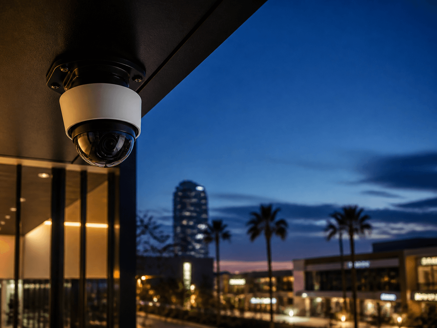 Close-up of a dome security camera overlooking a Gold Coast business precinct at night