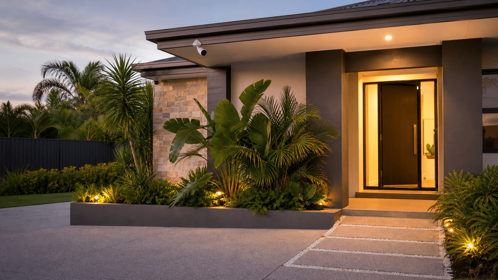 A security camera mounted under the eaves of a modern Gold Coast home