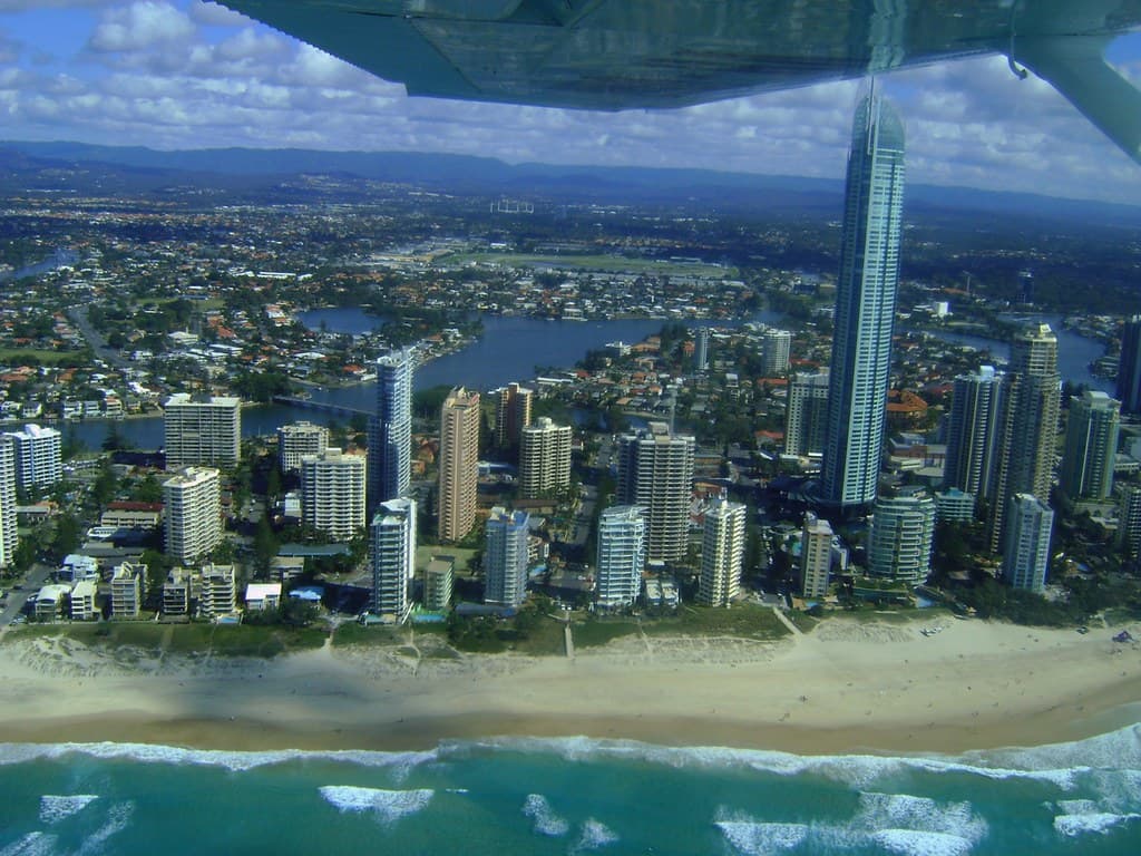 Aerial view of Surfers Paradise skyline and beach on the Gold Coast